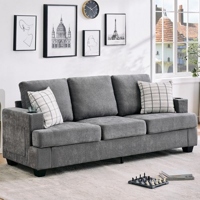 89" Comfy Couches with Deep Seat, Modern 3-Seater Sofa with Cup Holders and Side Storage Pockets for Living Room Apartment Lounge