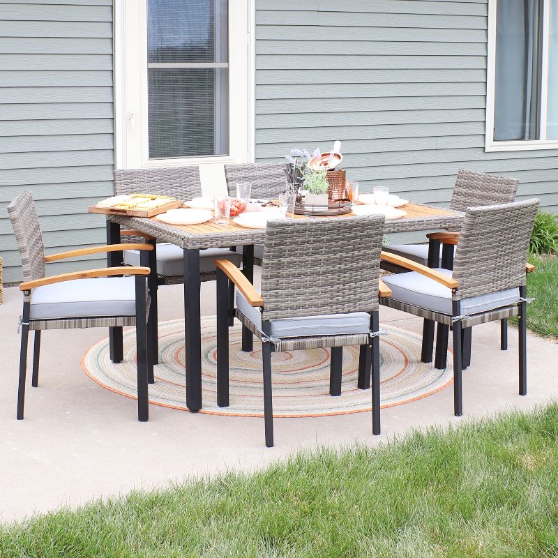 Sunnydaze Outdoor Rattan and Acacia Wood Carlow Patio Dining Set with Table, Chairs, and Seat Cushions - 7pc, 3 of 11