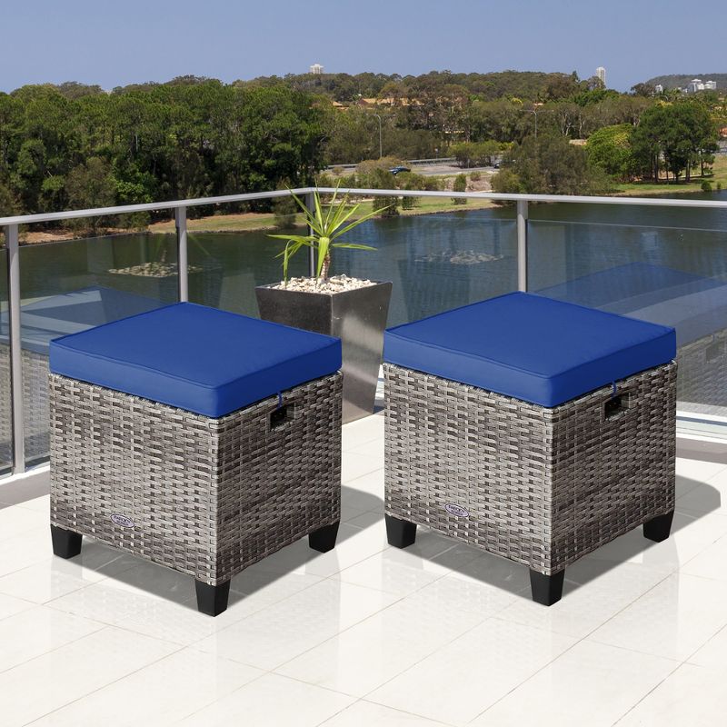 Costway 2PCS Patio Rattan Cushioned Ottoman Seat  Foot Rest Table, 1 of 11