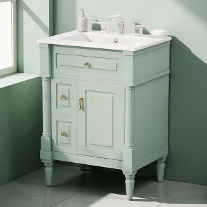 Mshliw 24" Freestanding Bathroom Vanity with Ceramic Sink, Flip Drawer, 2 Storage Drawers & Adjustable Shelf, Solid Rubberwood Frame - 1 of 4