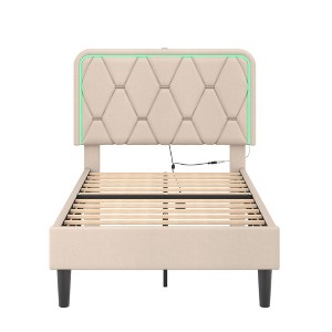 VECELO Upholstered Smart LED Bed Frame with Adjustable Headboard - 1 of 4