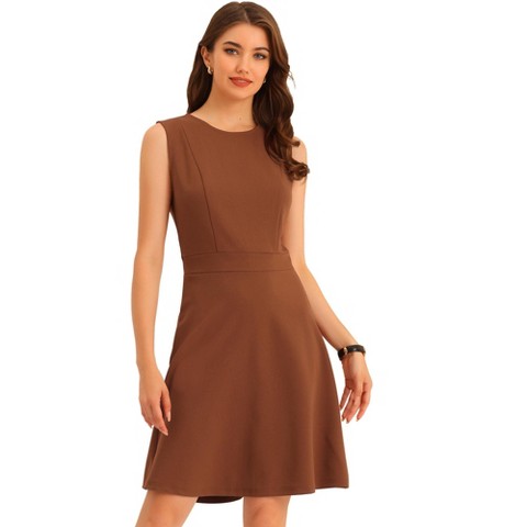 Женские платья INSPIRE CHIC Women's Work Round Neck Solid Color Sleeveless A-Line Casual Office Dresses Brown Small