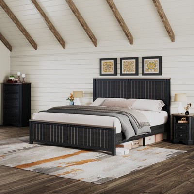 AMERLIFE Farmhouse Bed Frame with 47" Tall Headboard and Sliding Barn Doors