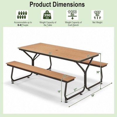 6FT Brown HDPE and Metal Outdoor Picnic Table Bench Set