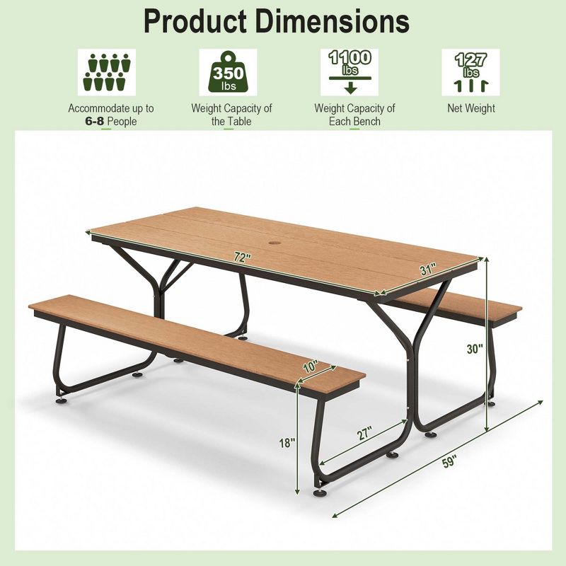 Costway 6FT Picnic Table Bench Set Outdoor HDPE Heavy-Duty Table for 6-8 Person Brown/Grey, 3 of 11