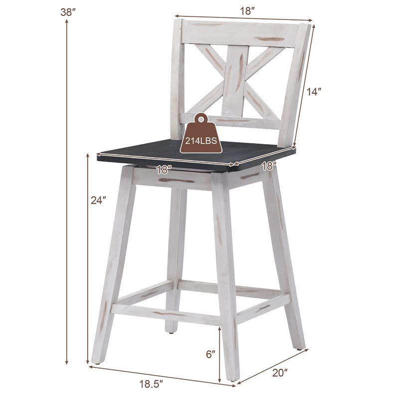 Costway Set of 2 Bar Stools Swivel Counter Height Chair w/ Solid Wood Legs White\Black, 3 of 9