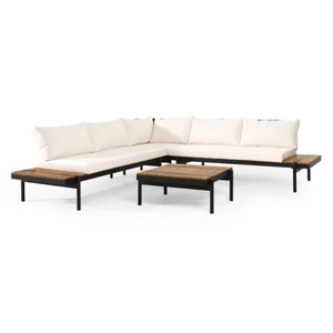 GDFStudio Cody Outdoor Acacia Wood and Iron 5 Seater Sectional Sofa Set with Cushions, Teak, Black, and Cream - 1 of 4