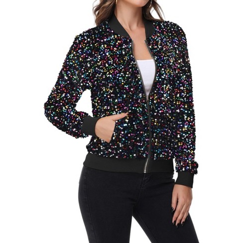 Anna kaci Women s Sequin Bomber Jacket Zip Front Ribbed Cuffs And Hem Pockets Small Candy Target