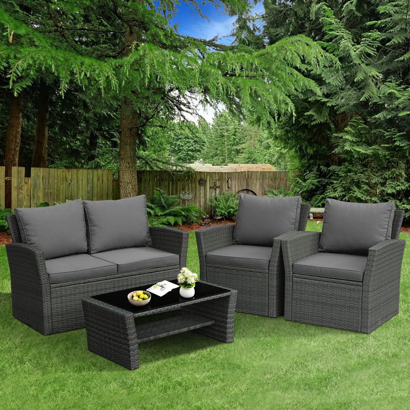 Tangkula 4-Piece Rattan Wicker Patio Outdoor Furniture Sofa Set with Cushions & Tempered Glass Table, 4 of 11