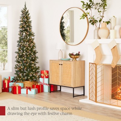 6ft Pre-Lit White Flocked Pencil Christmas Tree with Pine Cones