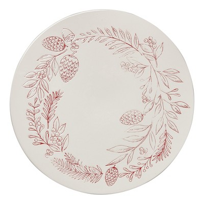 tagltd Tis Season Floral with Pinecones Wreath Themed Earthenware Cake Plate, 14 in.