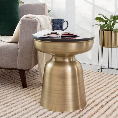 Adler 16" Round Black Granite Top Brass Metal Side Table