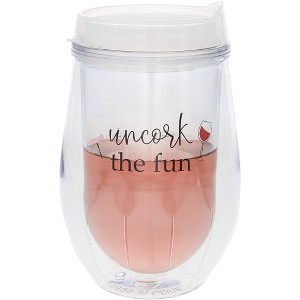Pavilion Gift Company - Uncork - 12 oz Acrylic Stemless Wine Glass with Lid - Drinkware - 1 of 4