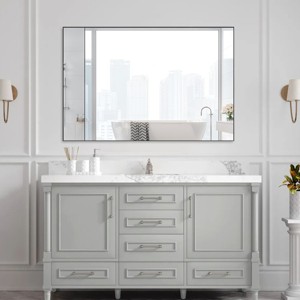 Vynxaria 48x32 Inch Black Framed Wall Mirror - Modern Oversized Rectangle Mirror - 1 of 4
