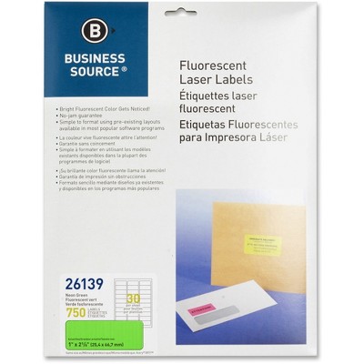 Business Source Laser Labels Fluorescent 1"x2-5/8" 750/PK Neon Green 26139