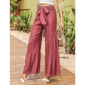 Women's Elastic Smocked Loose Wide Leg High Waist Pants  With Belt - 1 of 4