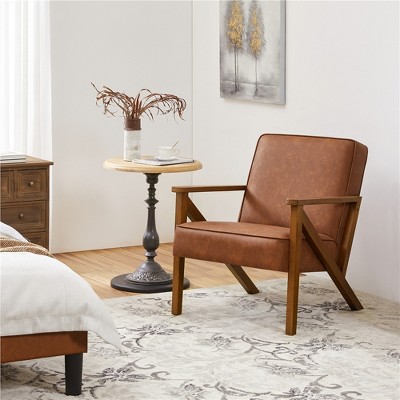 Light Brown Faux Leather Accent Chair with Wood Frame