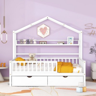 CAVINAS Twin/Full Size House Platform Bed with Storage Shelf & Under-Bed Trundle/Drawers,Wooden Bed Frame for Kids Room,Bedroom