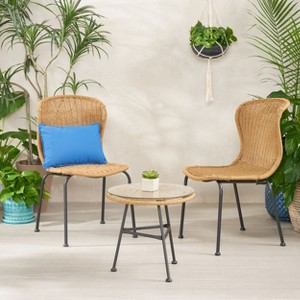 Christopher Knight Home Spinnaker Boho Outdoor Wicker and Tempered Glass 3 Piece Chat Set, Light Brown/Black - 1 of 4