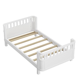 TopComfy Beds Twin Size Wood Platform Bed Wood Low Profile Twin Bed with Rails Safe Comfortable for Girls and Boys, White, 69.48"*17.91"*7.48" - 1 of 4