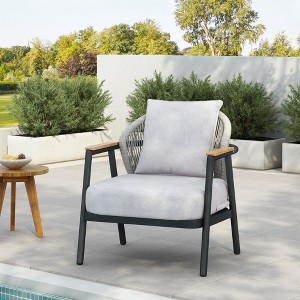 Outdoor Club Chairs with Gray Cushions, Rope Patio Club Chair with Iron Frame and Wood Armrests,Rope Backrest Garden Lounge Club Chair-Koiai - 1 of 4