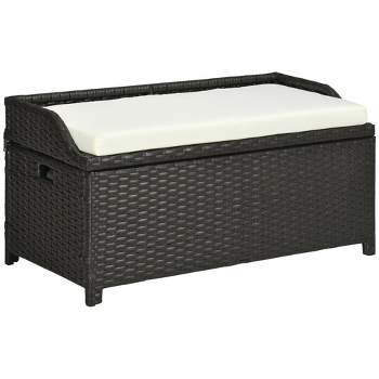 Outsunny Storage Bench Rattan Wicker Garden Deck Box Bin with Interior Waterproof Bag and Comfy Cushion, Cream White