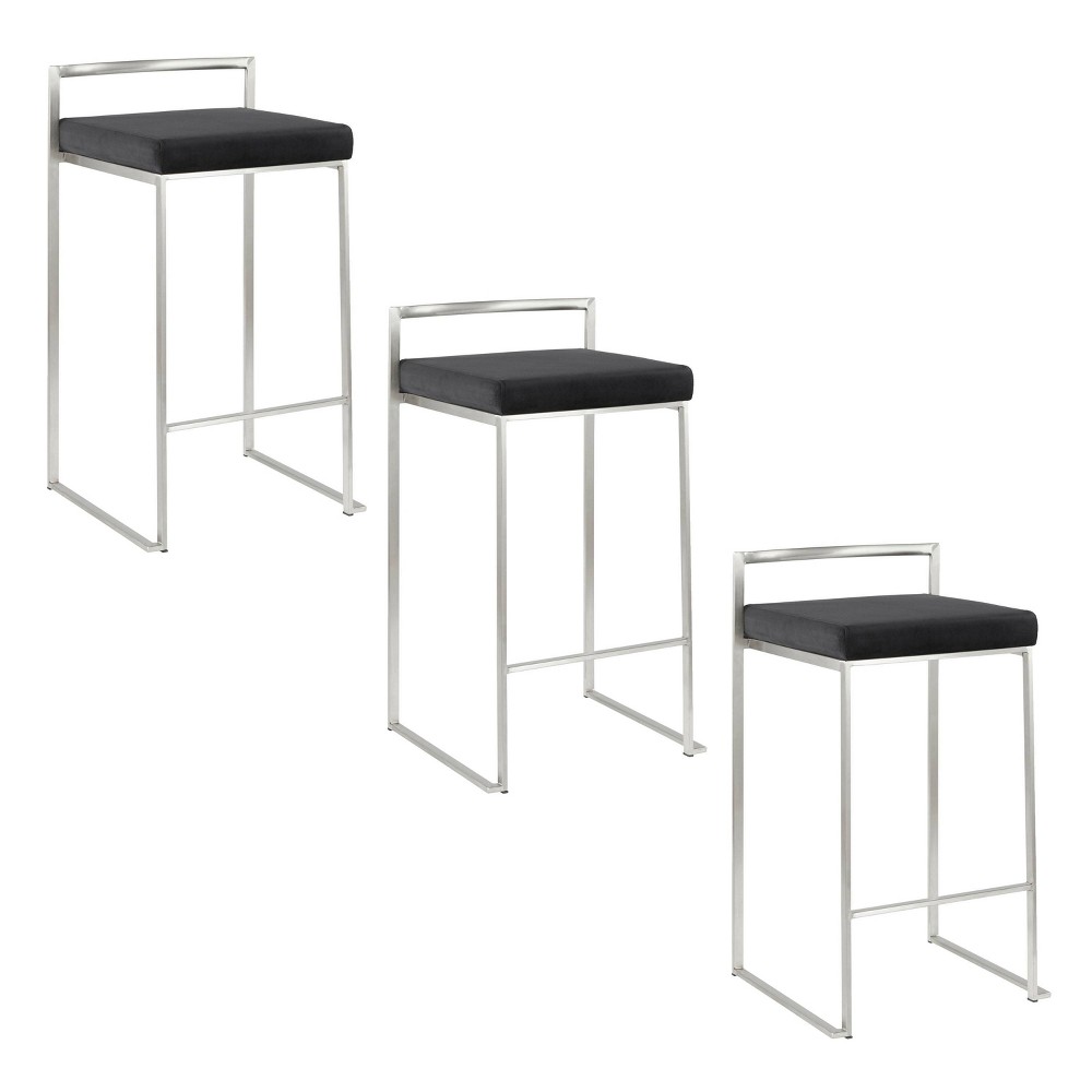 LumiSource Set of 3 Fuji Stacker Counter Height Barstools Stainless Steel/Black