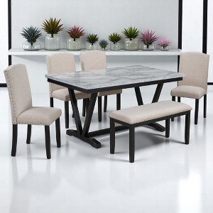 Modern 6-Piece Dining Table Set with Marble Veneer, 4 Upholstered Chairs & Bench, V-Shaped Table Legs for Dining Room & Kitchen - 1 of 4