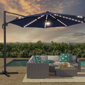 Sonkuki 11FT Round Offset Outdoor Patio Solar LED Cantilever Umbrella Aluminium Pole, 360° Rotation and Canopy Angle Adjustment - 1 of 4