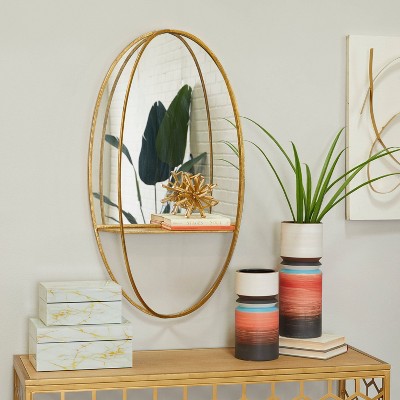 Metal Oval 1 Shelf Wall Mirror Gold - CosmoLiving by Cosmopolitan: Luxury Glam Style, No Assembly, Wall Mounted