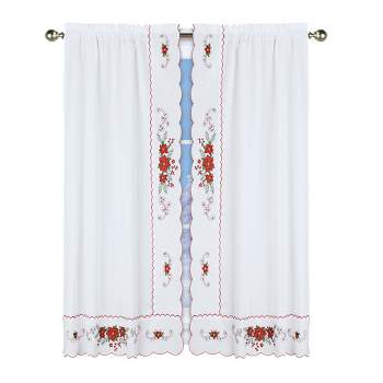 Collections Etc Embroidered Holiday Poinsettia Curtains with Scalloped Edges 63" Panel Pair