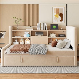 GDFStudio Nora Space-Saving Twin Size Upholstered Daybed with Trundle and Storage Shelves - 1 of 4
