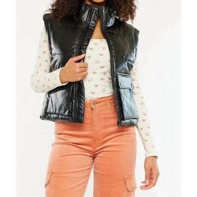 Women's Obsidian Cropped Faux Leather Puffer Vest - KanCan