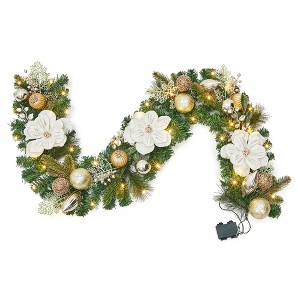 6FT Christmas Garland with Lights,Prelit Artificial Garland for Mantle with Timer 20 LED Lights Magnolia Gold Ornaments,for Stairs Railing Decoration - 1 of 4