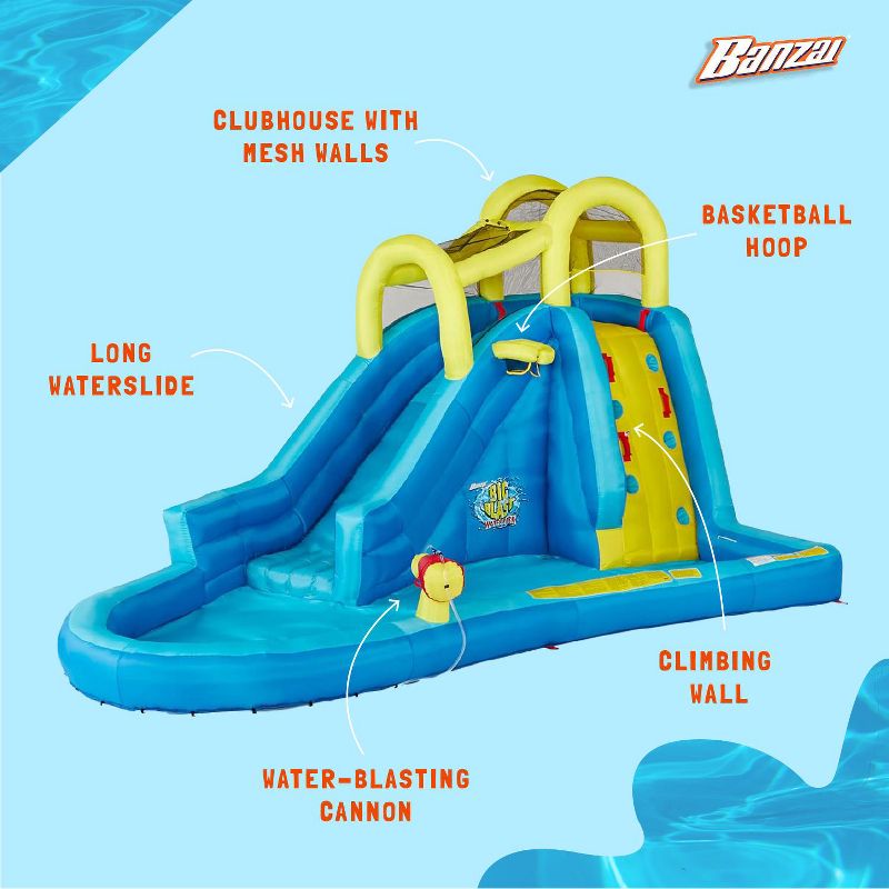 Banzai Big Blast Water Park Inflatable Outdoor Playground w/ Blasting Cannon, Climbing Wall, Slide, & Splash Pool w/Built-In Basketball Hoop & Ball, 3 of 7