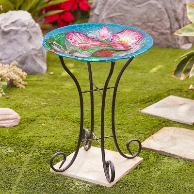 Hummingbird Floral Glass Birdbath with Metal Stand