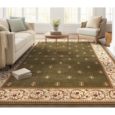 Green and Beige Synthetic Fleur De Lis Area Rug