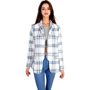 Anna-Kaci Women's Open Front Plaid Blazer Coat Jacket Long Sleeve Mock Front Pockets Formal Work Attire - Small ,Blue - 1 of 4