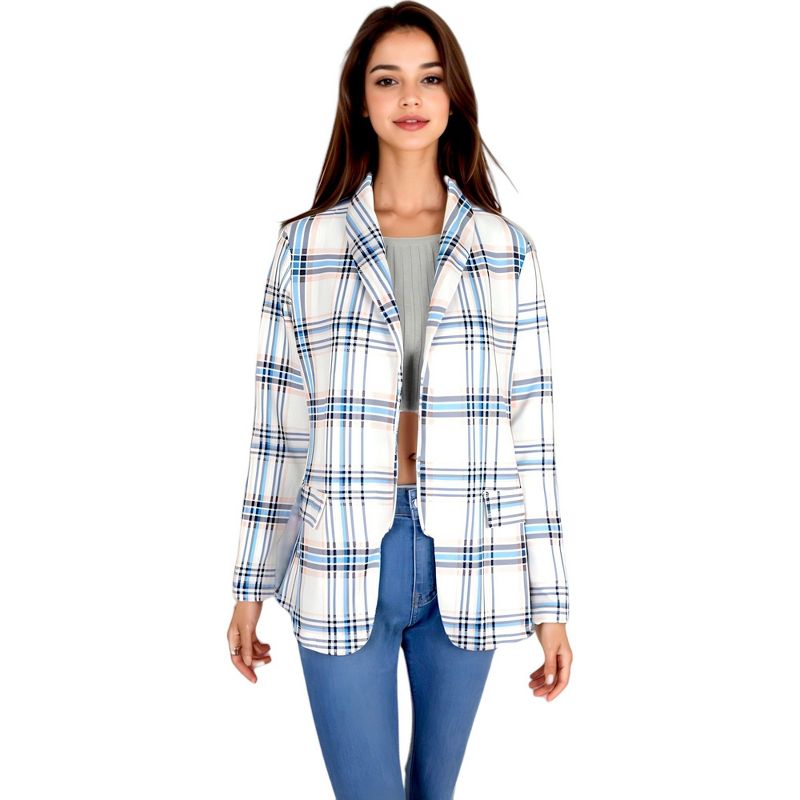 Anna-Kaci Women's Open Front Plaid Blazer Coat Jacket Long Sleeve Mock Front Pockets Formal Work Attire, 1 of 7