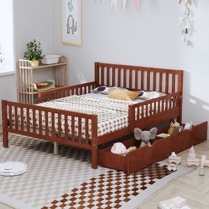 CAVINAS Twin Size Wood Platform Bed Frame with Headboard, Space-Saving Storage Bed, Bed with Guardrails on Both Sides & 2 Storage Drawers - 1 of 4