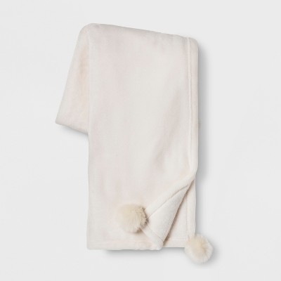 Solid Plush With Faux Fur Poms Throw Blanket Cream Opalhouse