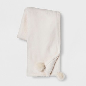 Solid Plush With Faux Fur Poms Throw Blanket Cream - Opalhouse , Ivory