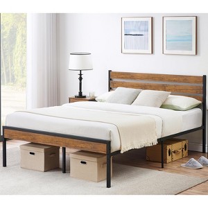 WhizMax Bed Frame with Headboard Footboard, Rustic Brown Wood Farmhouse Metal Platform Bedframe with Wooden Slat - 1 of 4