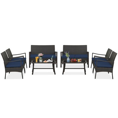 Tangkula 8 Pieces Outdoor Patio PE Wicker Sofa w/ Tempered Glass Coffee Table for Porch & Backyard
