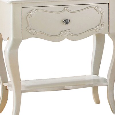 Edalene Pearl White Pine Wood Nightstand with Floral Carving
