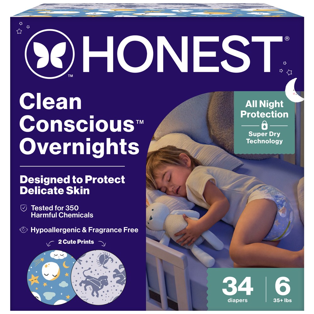 Photos - Nappies The Honest Company Clean Conscious Overnight Diapers Cozy Cloud + Star Signs - Size 6 - 34ct