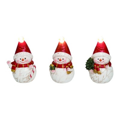 Transpac Resin 4 in. White Christmas Light Up Cheerful Snowman Figurine Set of 3