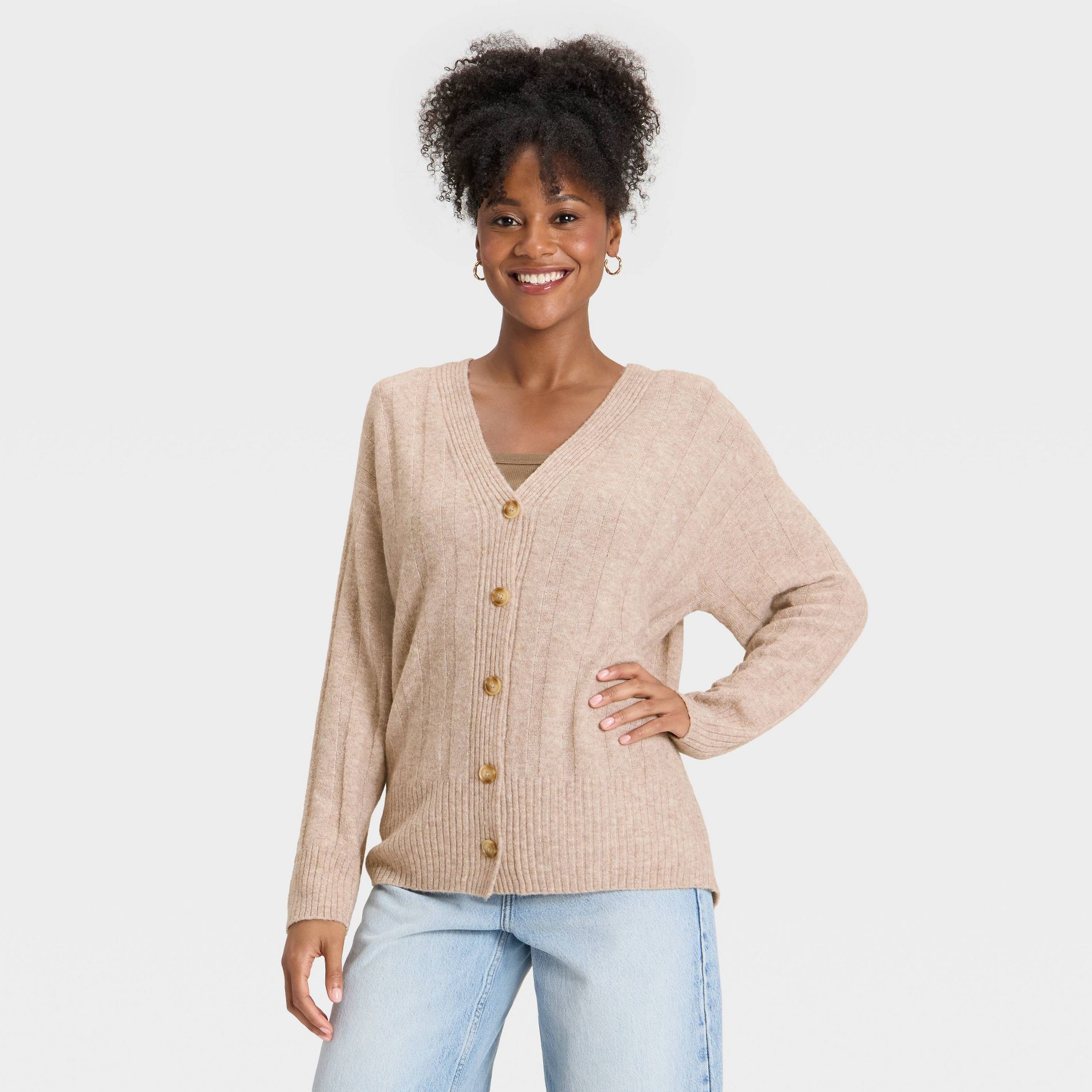 Women's Knit Ribbed Cardigan - Universal Thread™ Tan S