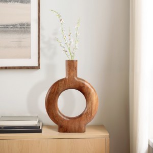 Mango Wood Decorative Vase - Round Hollow Design - Rustic Minimalist Table Decor - Ideal for Living Room, Bedroom & Office - 1 of 4