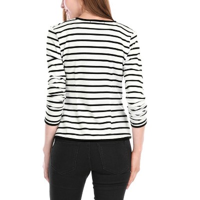 INSPIRE CHIC Women's Regular Fit Notched Lapel Button Decor Striped Blazer Medium Black White — фото 4